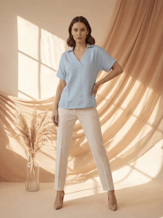 Mish Blue Relaxed Fit Open Collar Top