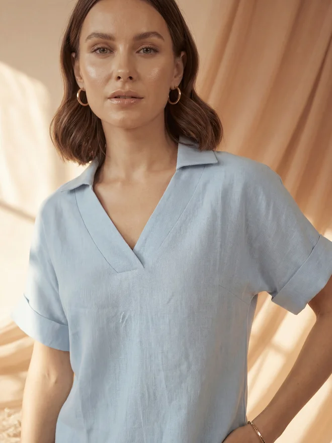 Mish Blue Relaxed Fit Open Collar Top