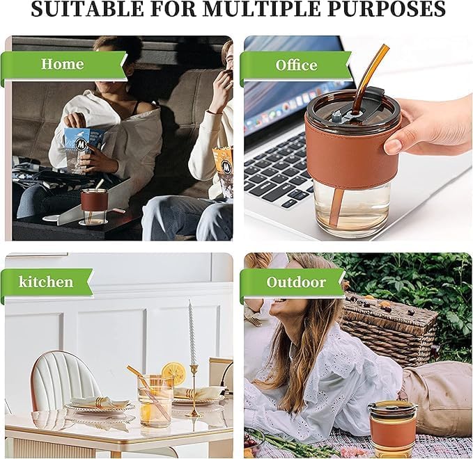SKDBPM Reusable Glass Coffee Sipper Mugs with Lid & Straw Pack of 1, 400ml Multipurpose Drinking Glasses Tumbler with Leather Sleeve Cup for Juice Smoothies Iced Tea Home & Travel - Image 3