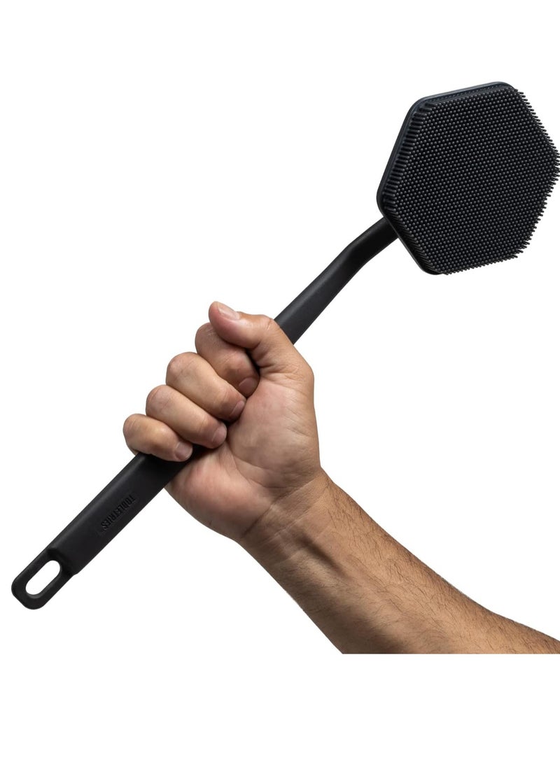 TOOLETRIES - Tooletries - Silicone Back Scrubber - Exfoliating Shower Brush, Back Washer for Men, Durable Back Brush with Long Handle - Long Lasting Bath & Shower Accessories - Charcoal - Image 1