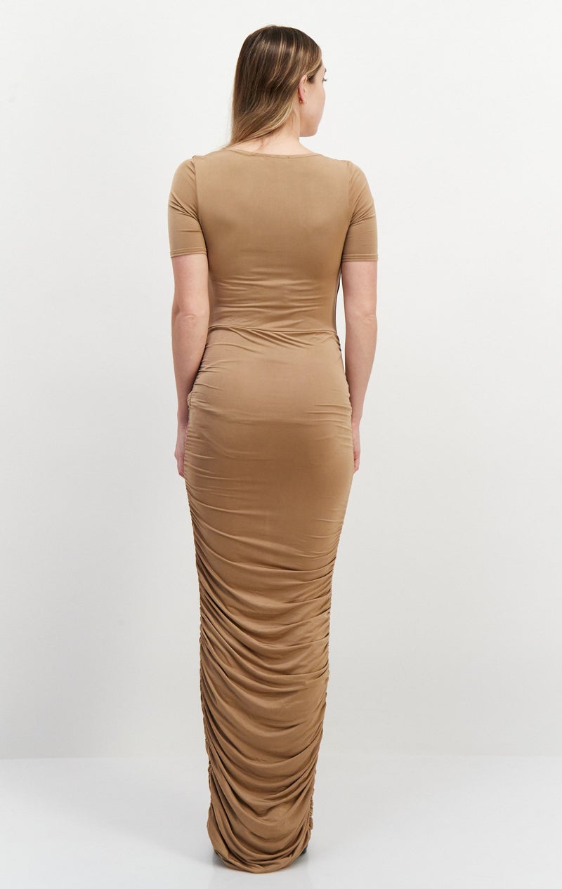 PUBLIC DESIRE Women Cut Out Detail Side Ruched Short Sleeve Maxi Dress, Light Brown - Image 4