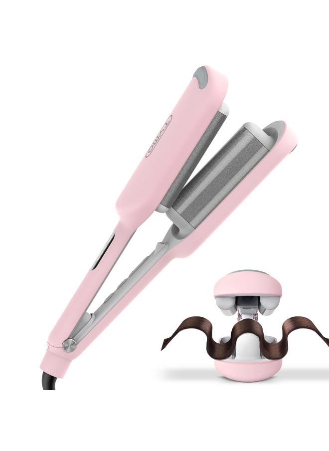 TYMO Curling Iron Hair Crimper Waver - TYMO ROVY Beach Waves Curling Wand, Ionic Deep Waver Hair Curler Tool with Ceramic 3 Barrel for Women, Dual Voltage, Anti-Scald, Easy to Use, Pink, 1.25 Inch  - Image 1