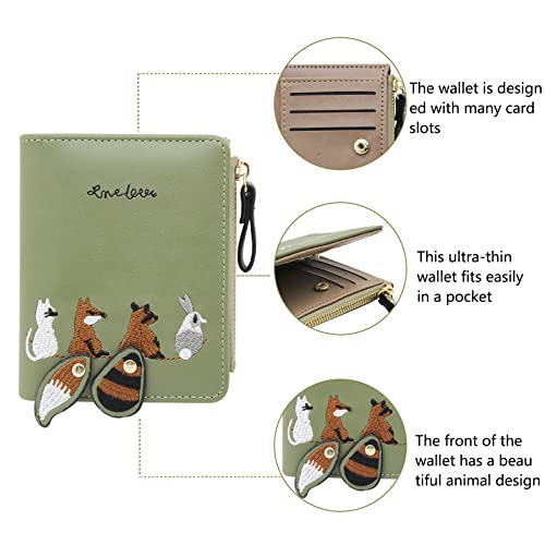 WisePoint Womens Wallet, Leather Purse Credit Card Holder with with Embroidered Animal Pattern, Portable and Small Wallets for Women with Zipper Pocket (green) - Image 3