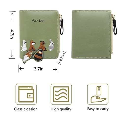 WisePoint Womens Wallet, Leather Purse Credit Card Holder with with Embroidered Animal Pattern, Portable and Small Wallets for Women with Zipper Pocket (green) - Image 2