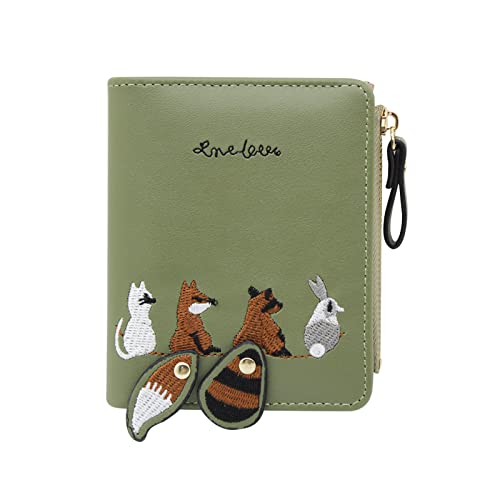 WisePoint Womens Wallet, Leather Purse Credit Card Holder with with Embroidered Animal Pattern, Portable and Small Wallets for Women with Zipper Pocket (green) - Image 1