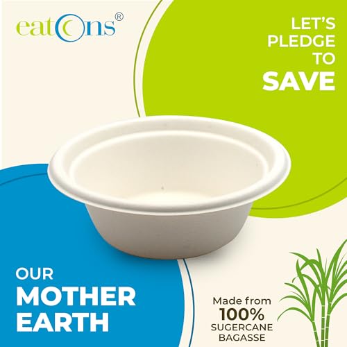 EATONS Bagasse Disposable Bowls 300 ml | Pack of 100 | Heavy Duty, Leakproof & Microwave Safe | Compostable Sugarcane Soup Bowls for Party, Catering & Takeaway - Image 2