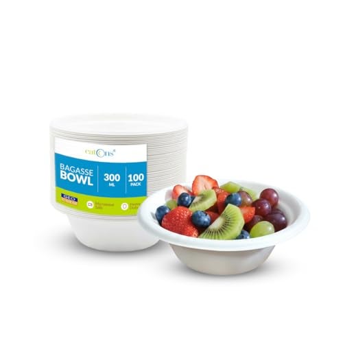 EATONS Bagasse Disposable Bowls 300 ml | Pack of 100 | Heavy Duty, Leakproof & Microwave Safe | Compostable Sugarcane Soup Bowls for Party, Catering & Takeaway - Image 1