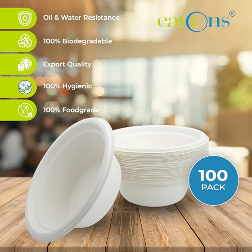 EATONS Bagasse Disposable Bowls 300 ml | Pack of 100 | Heavy Duty, Leakproof & Microwave Safe | Compostable Sugarcane Soup Bowls for Party, Catering & Takeaway - Image 4