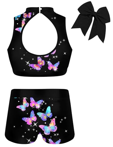 Vogseek Girls Gymnastics Leotards Sparkle 3 Piece Biketards for 6T Kid Girls' Black Butterflies Tumbling Outfits Size 6 7 Ballet Dance Leotards with Shorts - Image 2