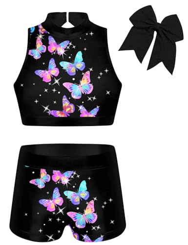 Vogseek Girls Gymnastics Leotards Sparkle 3 Piece Biketards for 6T Kid Girls' Black Butterflies Tumbling Outfits Size 6 7 Ballet Dance Leotards with Shorts - Image 1