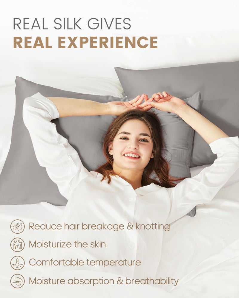 THXSILK 100% Natural Mulberry Silk Pillowcase for Hair and Skin, Grade 6A+ Pillowcase with Hidden Zipper, Soft Breathable Smooth Both Sided Silk Pillow Cover(Standard 20x26inch, Grey) - Image 3