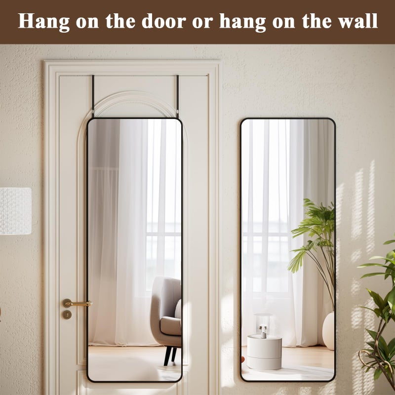 VooBang 14"x48" Full Length Over The Door Mirror - Aluminum Alloy Frame Full Body Mirror with Height-Adjustable Hangers, Hanging Leaning Against Wall for Dorm, Black - Image 2
