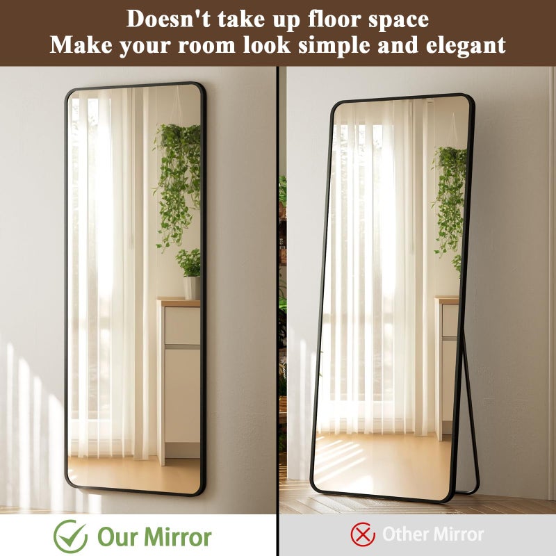 VooBang 14"x48" Full Length Over The Door Mirror - Aluminum Alloy Frame Full Body Mirror with Height-Adjustable Hangers, Hanging Leaning Against Wall for Dorm, Black - Image 5