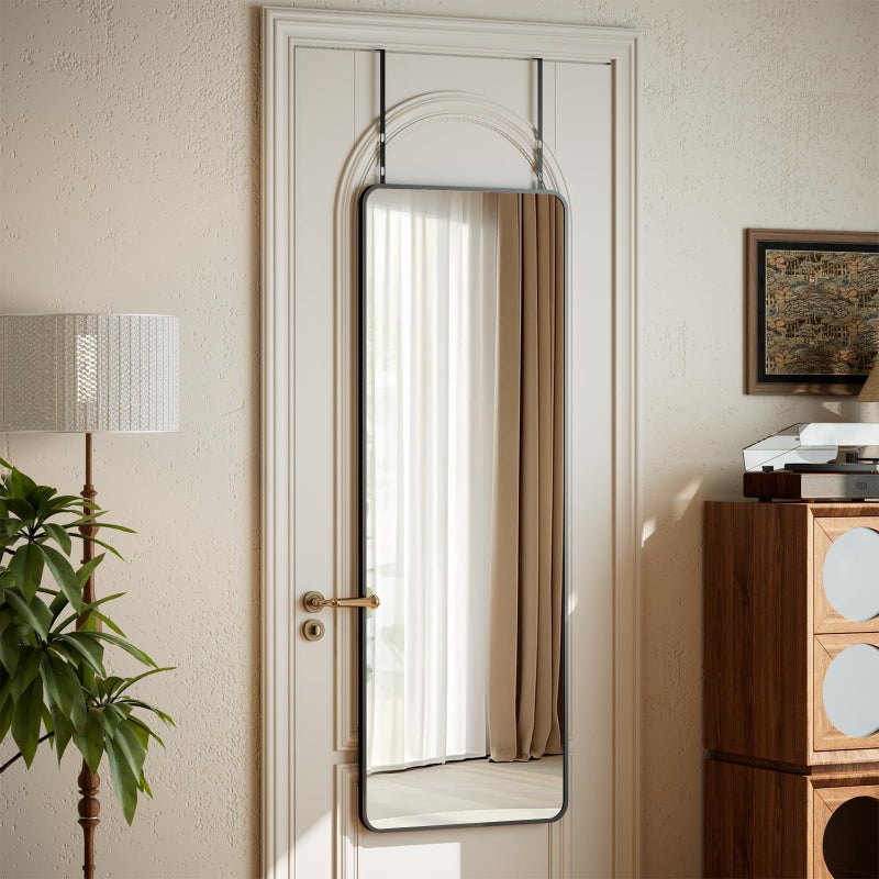 VooBang 14"x48" Full Length Over The Door Mirror - Aluminum Alloy Frame Full Body Mirror with Height-Adjustable Hangers, Hanging Leaning Against Wall for Dorm, Black - Image 3