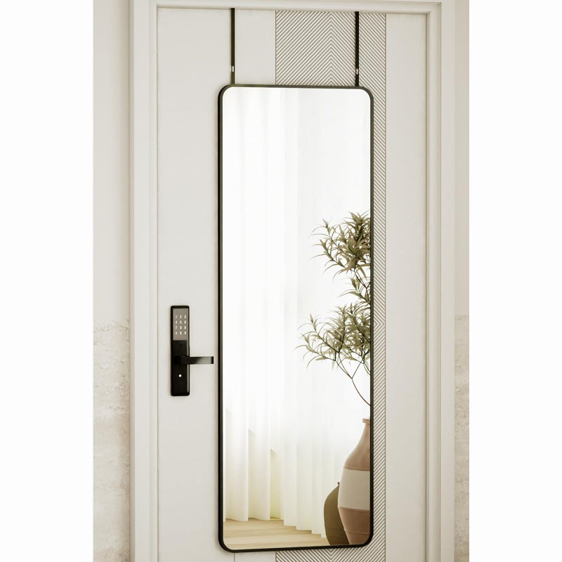 VooBang 14"x48" Full Length Over The Door Mirror - Aluminum Alloy Frame Full Body Mirror with Height-Adjustable Hangers, Hanging Leaning Against Wall for Dorm, Black - Image 1