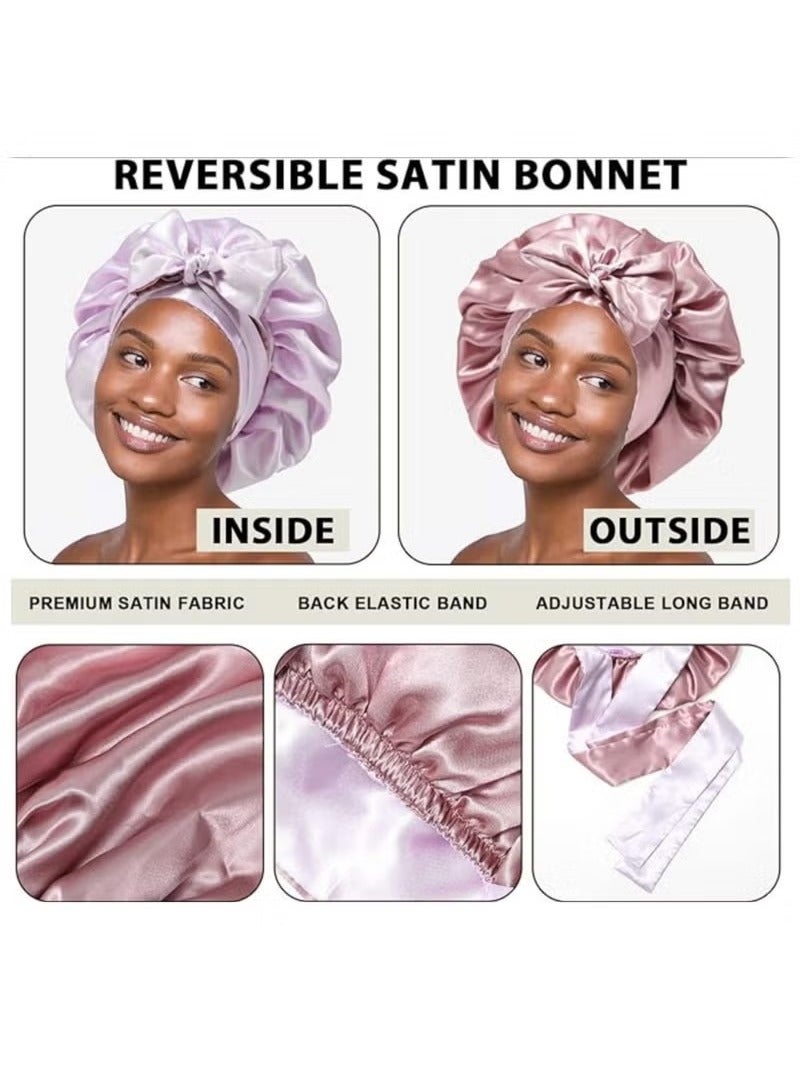Generic Bonnet Silk Hair Bonnets for Women Curly Hair Wrap for Sleeping Cap Reversible Bonnet with Tie Band Night Cap  - Image 3