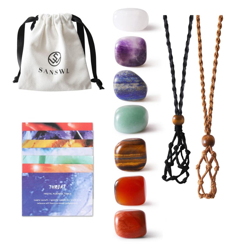 SANSWL 7 Chakra Healing Crystal Necklace Set - Boho Handmade Cord Cage and Hippie Energy Pendant Holder Real Crystal and Healing Stone Jewelry Spiritual Gift for Women Teen Christmas Gifts - Image 1