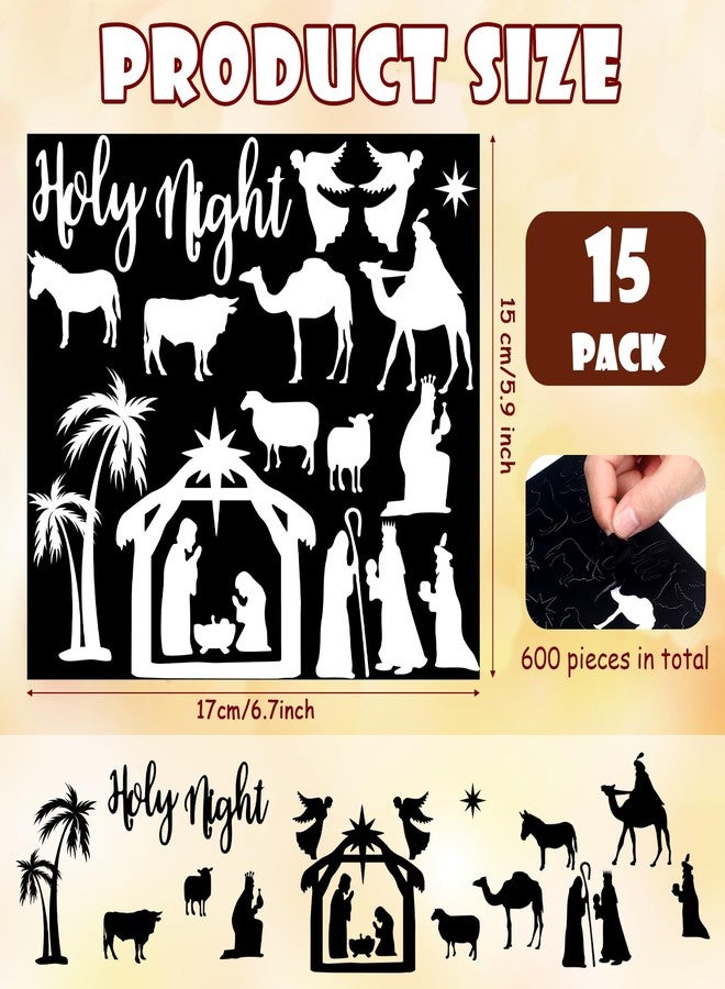 Nezyo 15 Sheet Nativity Scene Stickers Christmas Religious Jesus Mason Jar Decals Holy Night Fairy Stickers Nativity Silhouette Craft Waterproof Vinyl Adhesive Reusable Window Clings for Party Black - Image 2