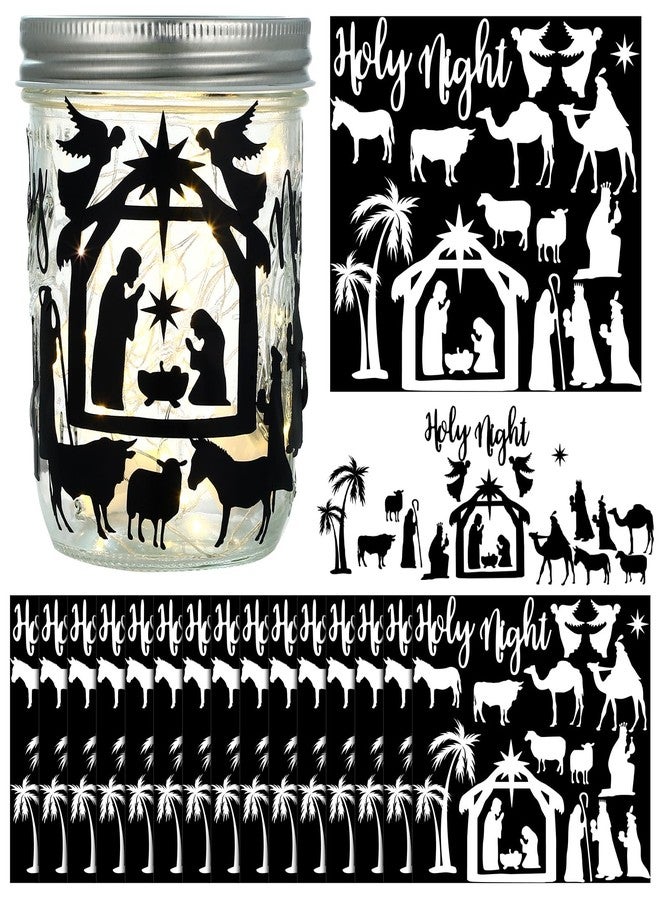 Nezyo 15 Sheet Nativity Scene Stickers Christmas Religious Jesus Mason Jar Decals Holy Night Fairy Stickers Nativity Silhouette Craft Waterproof Vinyl Adhesive Reusable Window Clings for Party Black - Image 1