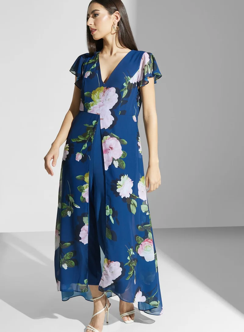 Adrianna Papell Floral Print Asymmetrical Hem Jumpsuit