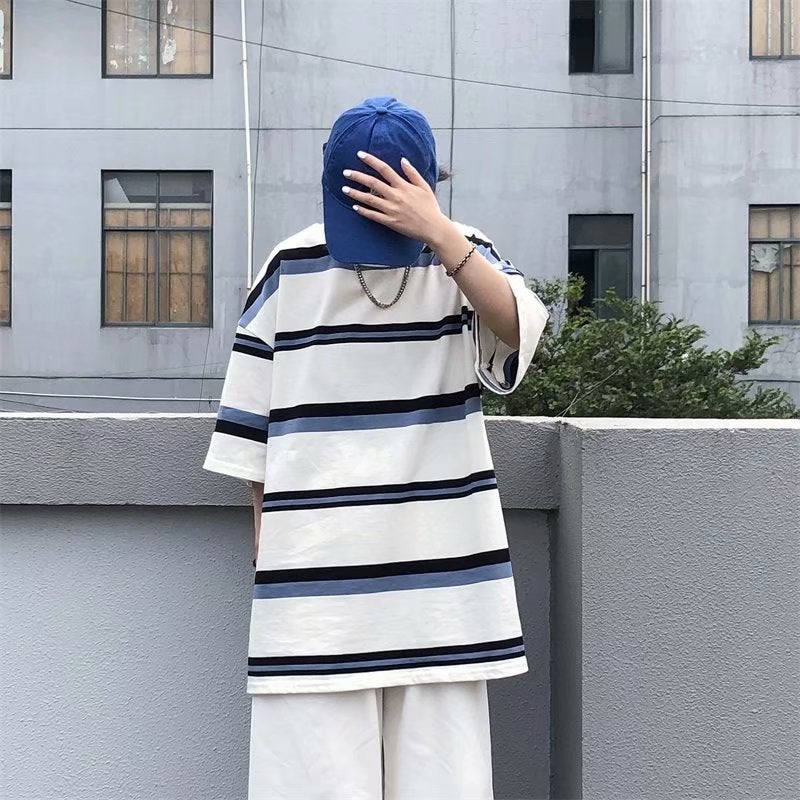 Korean Striped Loose Short-Sleeve T-Shirt For Men, Retro Couple Student Hong Kong Style Versatile Japanese Simple Half-Sleeve - Image 5