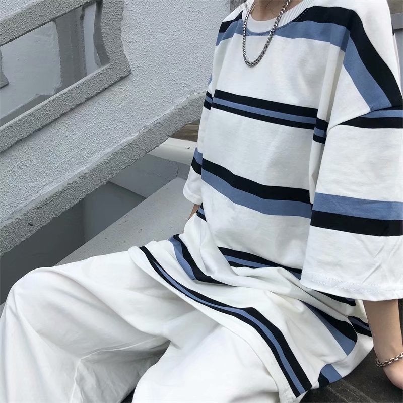 Korean Striped Loose Short-Sleeve T-Shirt For Men, Retro Couple Student Hong Kong Style Versatile Japanese Simple Half-Sleeve - Image 4