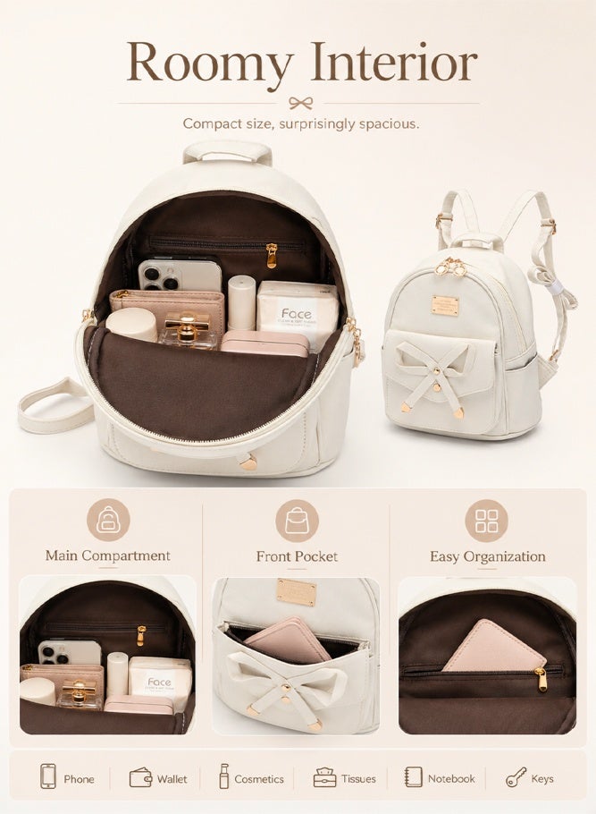 SHABILI Mini Daily Commuting Backpack for Girls Women Ladies, PU Leather Cute Bowknot College Bag Back Bag, Small Lightweight Shoulder Bag School Bag Tourist Bag for Travel Study Daily Casual Outdoor Use - Image 3