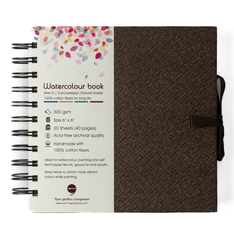 COMMA كتاب الألوان المائية | 6" × 6" | 300 جرام لكل متر مربع | دفتر رسم واير-أو | مضغوط بارد | ظل طبيعي | 100% ألياف قطنية (بني شوكولاتة) - Image 1
