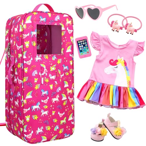 Ecore Fun 7 Items 18 Inch Dolls Bag and Accessories Unicorn Doll Carrier Storage Case Fit for 18 Inch Girl Dolls Including Backpack Dress Shoes Sunglasses Phone and 2 Hairpin - Image 1