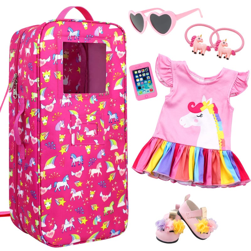Ecore Fun 7 Items 18 Inch Dolls Bag and Accessories Unicorn Doll Carrier Storage Case Fit for 18 Inch Girl Dolls Including Backpack Dress Shoes Sunglasses Phone and 2 Hairpin - Image 3