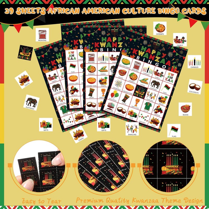 Containlol 39 Pcs Kwanzaa Game Bingo 24 Players African American Culture Bingo Cards African Heritage Games for Family Activities Holiday Happy Kwanzaa Festival Party Favors Supplies - Image 3