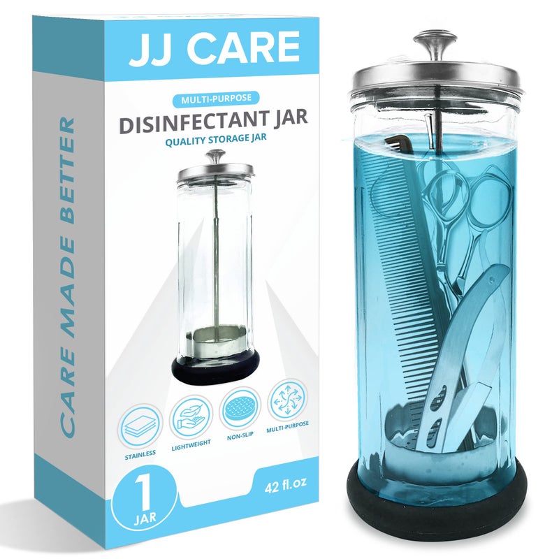 JJ CARE Disinfectant Jar 42oz Barber Disinfectant Jar Glass Sanitizer Container wStainless Steel Removable Strainer Cap for Manicure Salon Spa and Barber Tools Silver Lid - Image 2