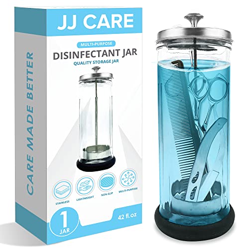 JJ CARE Disinfectant Jar 42oz Barber Disinfectant Jar Glass Sanitizer Container wStainless Steel Removable Strainer Cap for Manicure Salon Spa and Barber Tools Silver Lid - Image 1