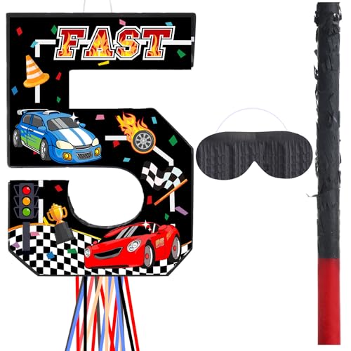 Harrycle Race Car Piata Pull String Cars Piatas for Birthday Party Decorations Number 2 3 4 5 6 with Blindfold Stick Small Red Black Racing Theme 2nd 3rd 4th 5th 6th Party SuppliesNumber 5 - Image 1