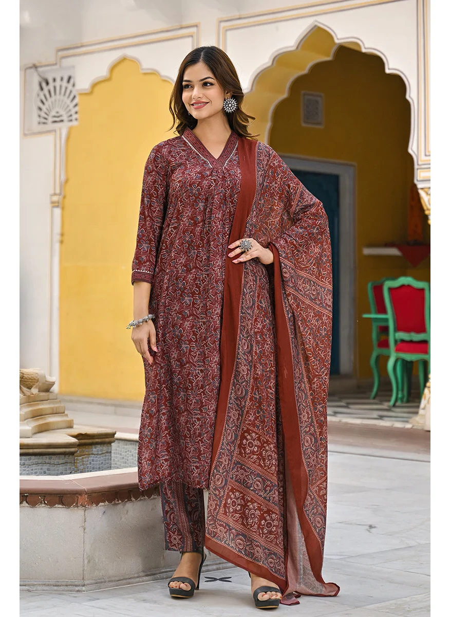 زيري سوق Maroon Rayon Blend Floral Printed Straight 3-Piece Kurta Set