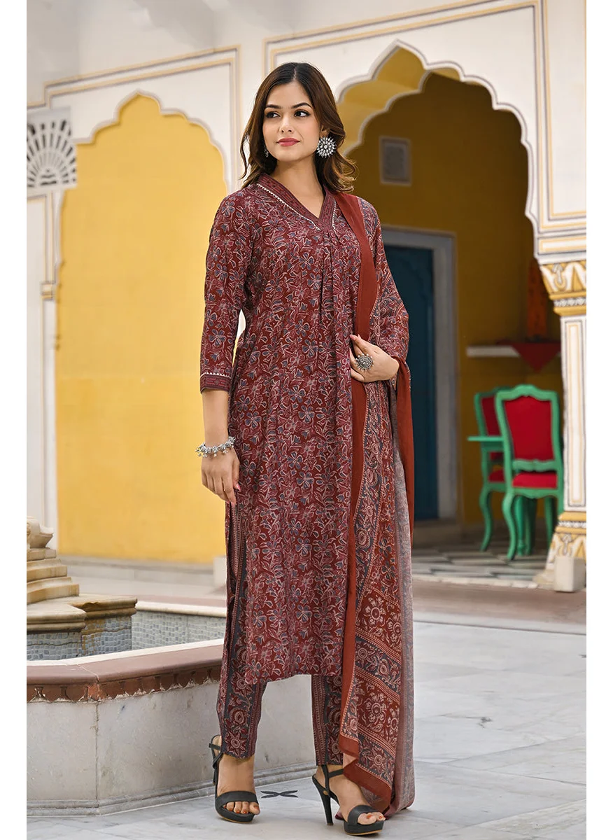 زيري سوق Maroon Rayon Blend Floral Printed Straight 3-Piece Kurta Set