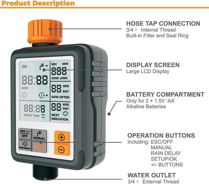 SCIENISH Water Timer, Outdoor Sprinkler Controller,Waterproof Hose Faucet Digital Watering Timer,Automatic Watering Irrigation Tool Large Screen Characters - Image 5