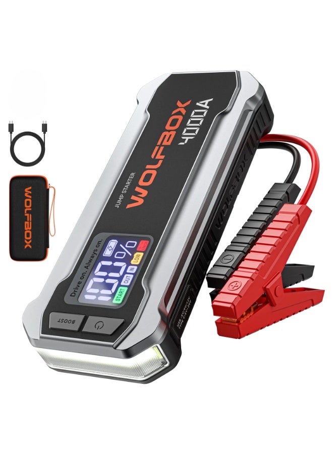 WOLFBOX 4000A Car Battery Jump Starter 24000mAh Portable Jump Starter Power Pack with 65W USB-C Fast Charging, Smart Jumper Cables, LED Display & LED Light for 12V Vehicles Up to 10L Gas / 10L Diesel