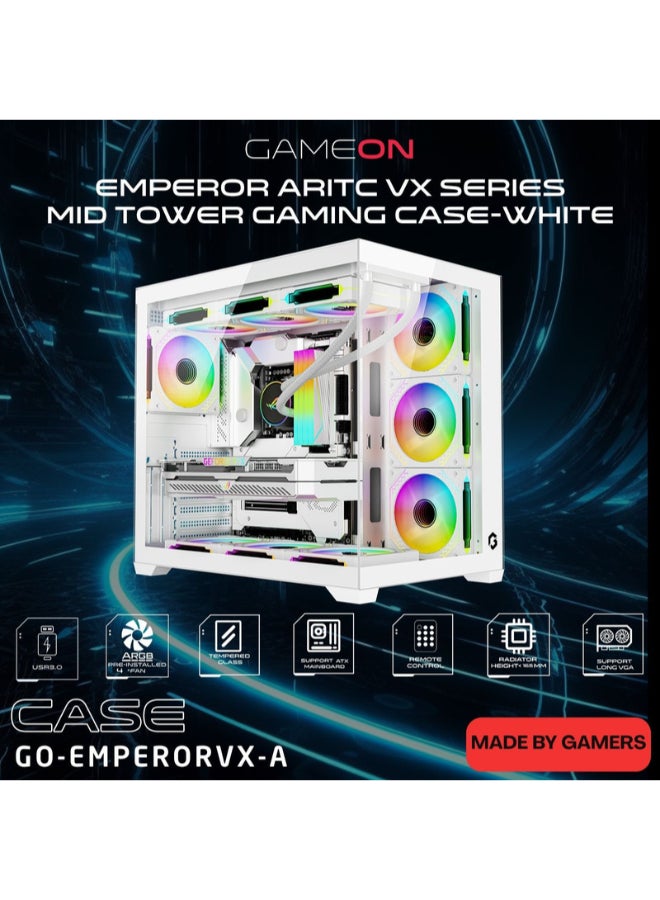 جايم أون Emperor Arctic VX Series Mid Tower Gaming Case, 4 Pre-Installed ARGB PWM Fans, Dual Tempered Glass Panels, ATX / M-ATX / Mini-ITX Support Type-C Connectivity - GO-EMPERORVX-A white - Image 2