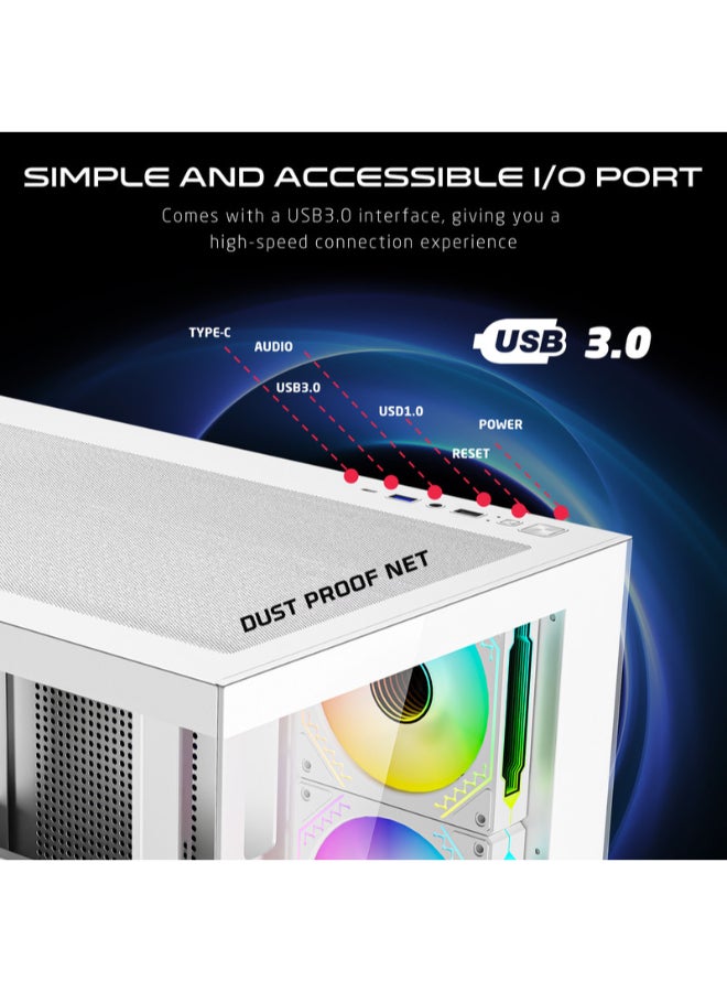 جايم أون Emperor Arctic VX Series Mid Tower Gaming Case, 4 Pre-Installed ARGB PWM Fans, Dual Tempered Glass Panels, ATX / M-ATX / Mini-ITX Support Type-C Connectivity - GO-EMPERORVX-A white - Image 4