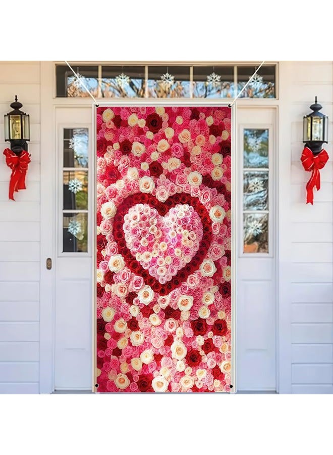 BlissYard Valentine's Day Door Cover Backdrop Photo Background 70x35 Heart-Shaped Rose Design for Romantic Decorations Indoor Outdoor Decoration - Image 5