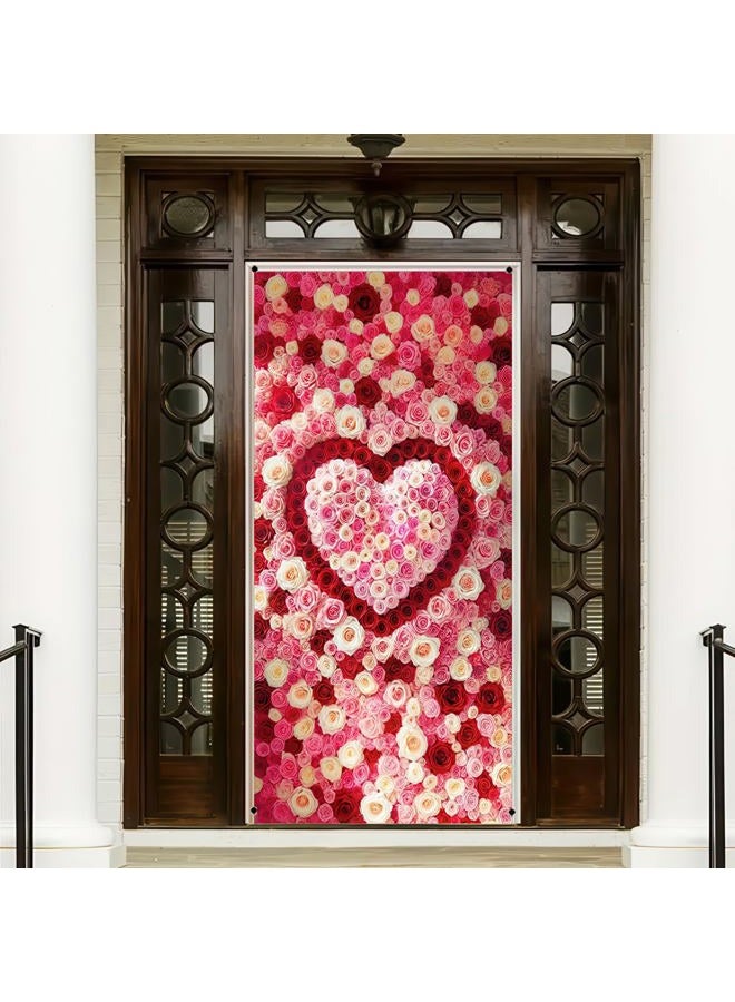 BlissYard Valentine's Day Door Cover Backdrop Photo Background 70x35 Heart-Shaped Rose Design for Romantic Decorations Indoor Outdoor Decoration - Image 4