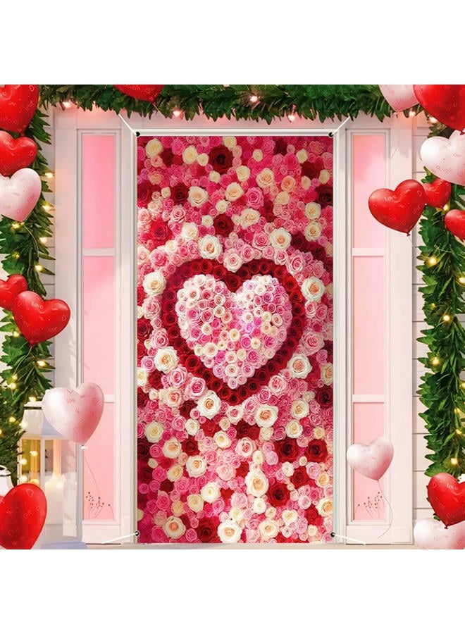 BlissYard Valentine's Day Door Cover Backdrop Photo Background 70x35 Heart-Shaped Rose Design for Romantic Decorations Indoor Outdoor Decoration - Image 1