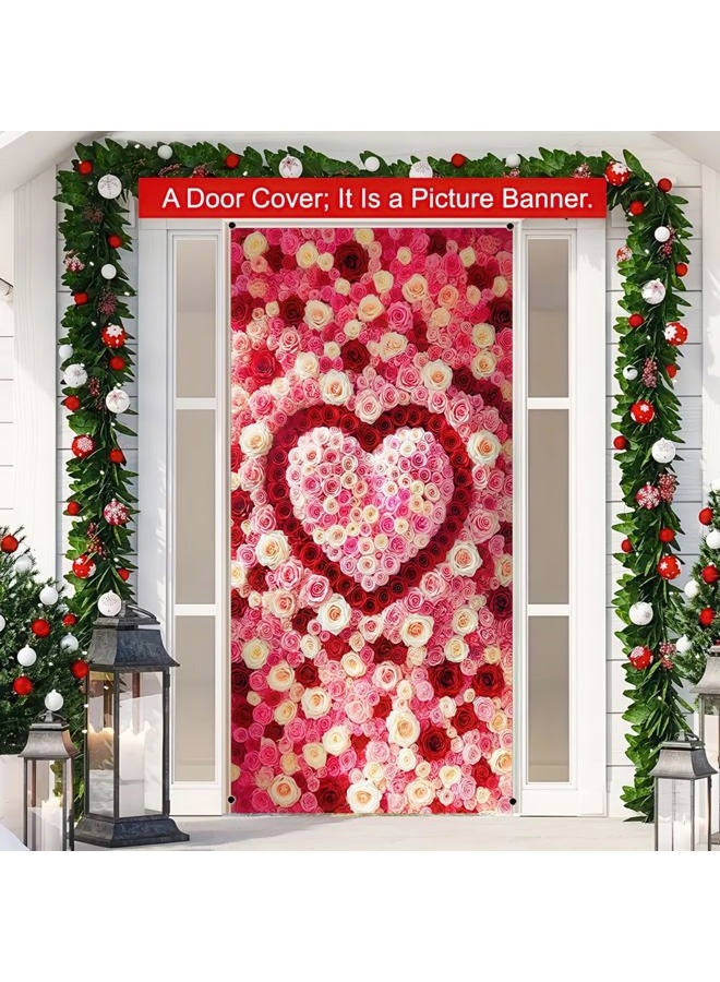 BlissYard Valentine's Day Door Cover Backdrop Photo Background 70x35 Heart-Shaped Rose Design for Romantic Decorations Indoor Outdoor Decoration - Image 3
