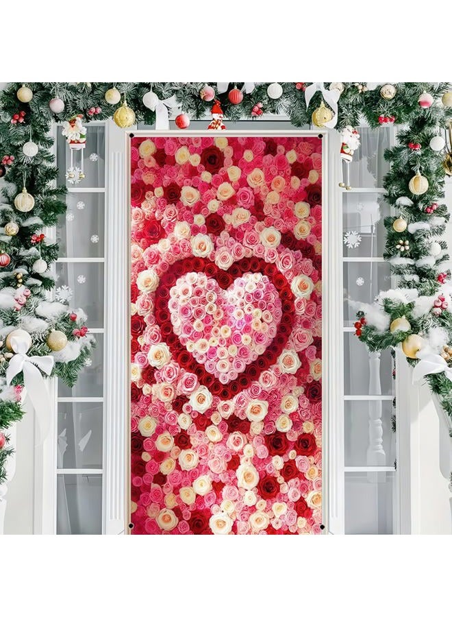 BlissYard Valentine's Day Door Cover Backdrop Photo Background 70x35 Heart-Shaped Rose Design for Romantic Decorations Indoor Outdoor Decoration - Image 2