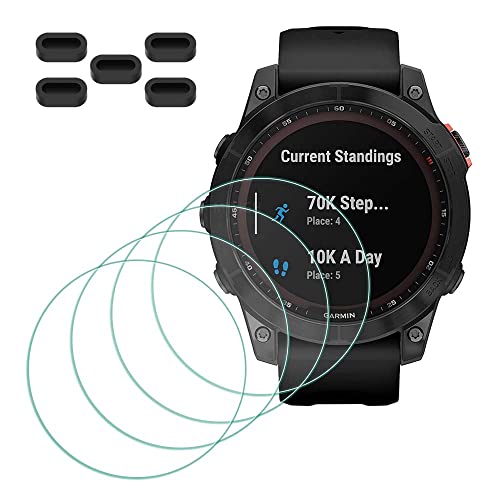 MTHGH Screen Protector for Garmin fenix 7/7 Sapphire Solar Smartwatch [4 Pcs] + Anti-dust Plugs 5Pcs, Tempered Glass 9H Hardness Anti-Scratch Bubble Free Film Ultra-Thin Protective Cover - Image 1