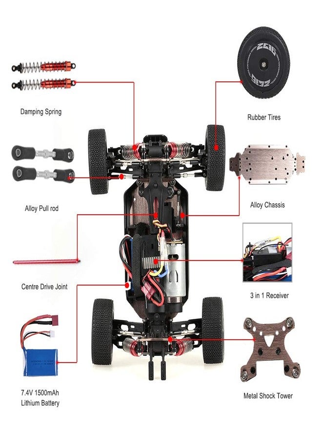 GoolRC WLtoys 144001 RC Car, 4WD 2.4GHz 60km/h High Speed Remote Control Car Off-Road RC Trucks, 1:14 Scale RC Buggy with RTR Aluminum Alloy Chassis 550 Motor Gifts for Adults (Red) - Image 4