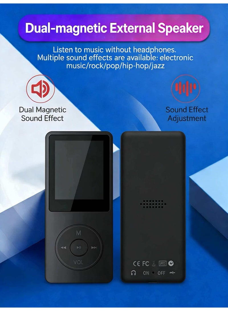 SANMUDII Bluetooth MP3 player, 64GB storage, 1.8-inch display, built-in speakers, FM radio support, voice recording, e-book compatibility. Designed for sports and running, it is a good gift for classmates/friends and friends/students on holidays. Portable media player (black) - Image 2