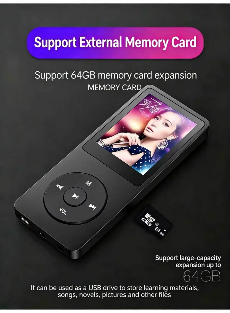 SANMUDII Bluetooth MP3 player, 64GB storage, 1.8-inch display, built-in speakers, FM radio support, voice recording, e-book compatibility. Designed for sports and running, it is a good gift for classmates/friends and friends/students on holidays. Portable media player (black) - Image 4