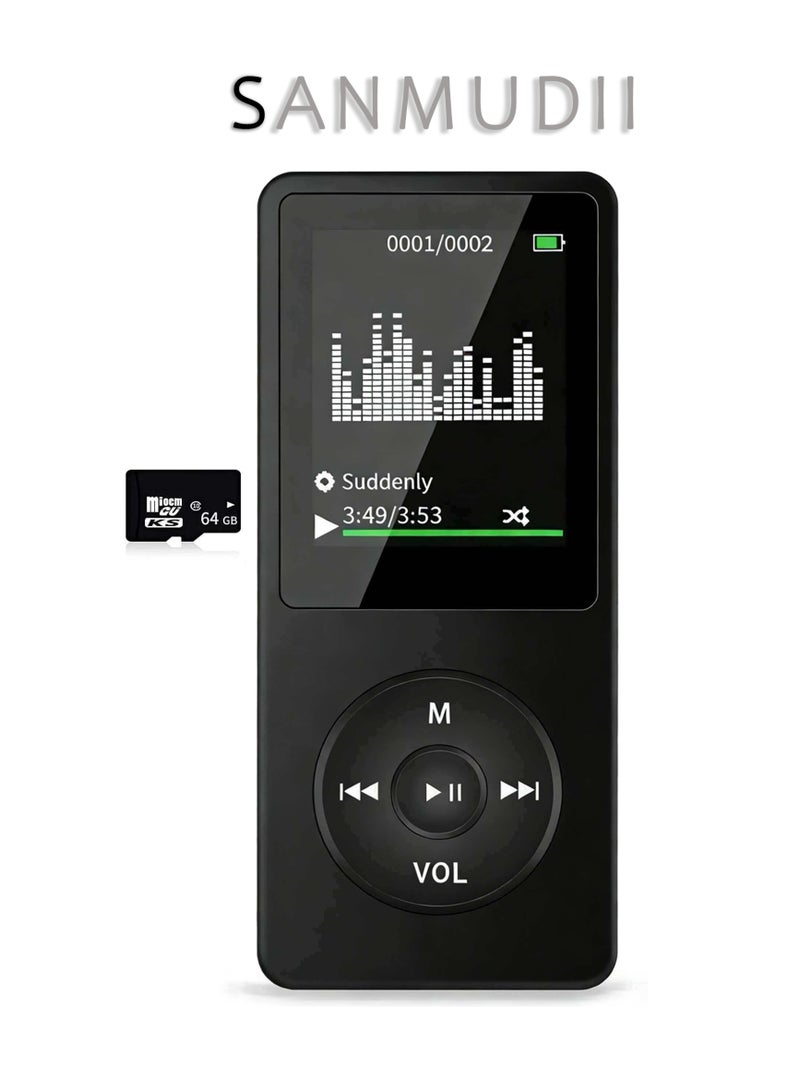 SANMUDII Bluetooth MP3 player, 64GB storage, 1.8-inch display, built-in speakers, FM radio support, voice recording, e-book compatibility. Designed for sports and running, it is a good gift for classmates/friends and friends/students on holidays. Portable media player (black) - Image 1